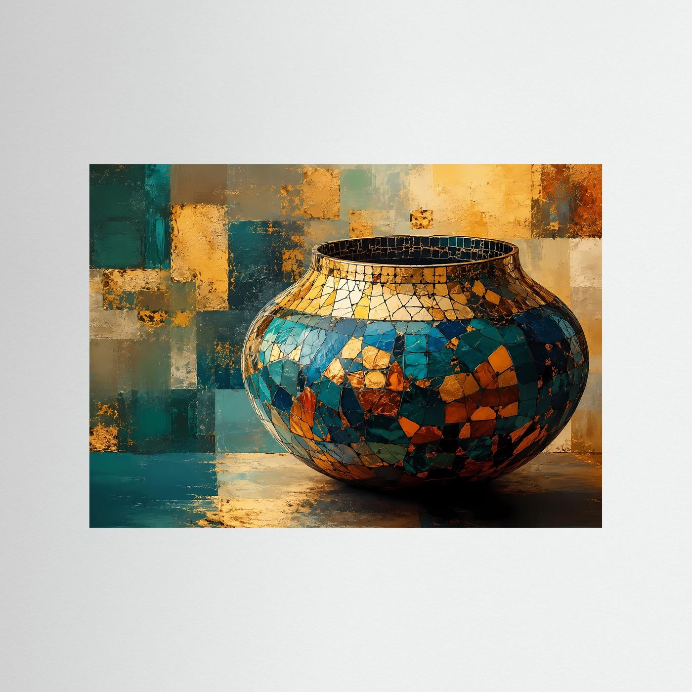Mosaik Vase Poster | Abstrakte Keramik Kunst | Gold Blau Wandbild | Moderne Stillleben Wall Art
