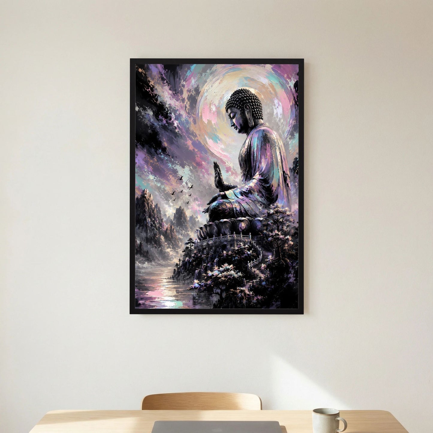 Kunstposter mit meditierendem Buddha in Pastellfarben, schwarzer Rahmen