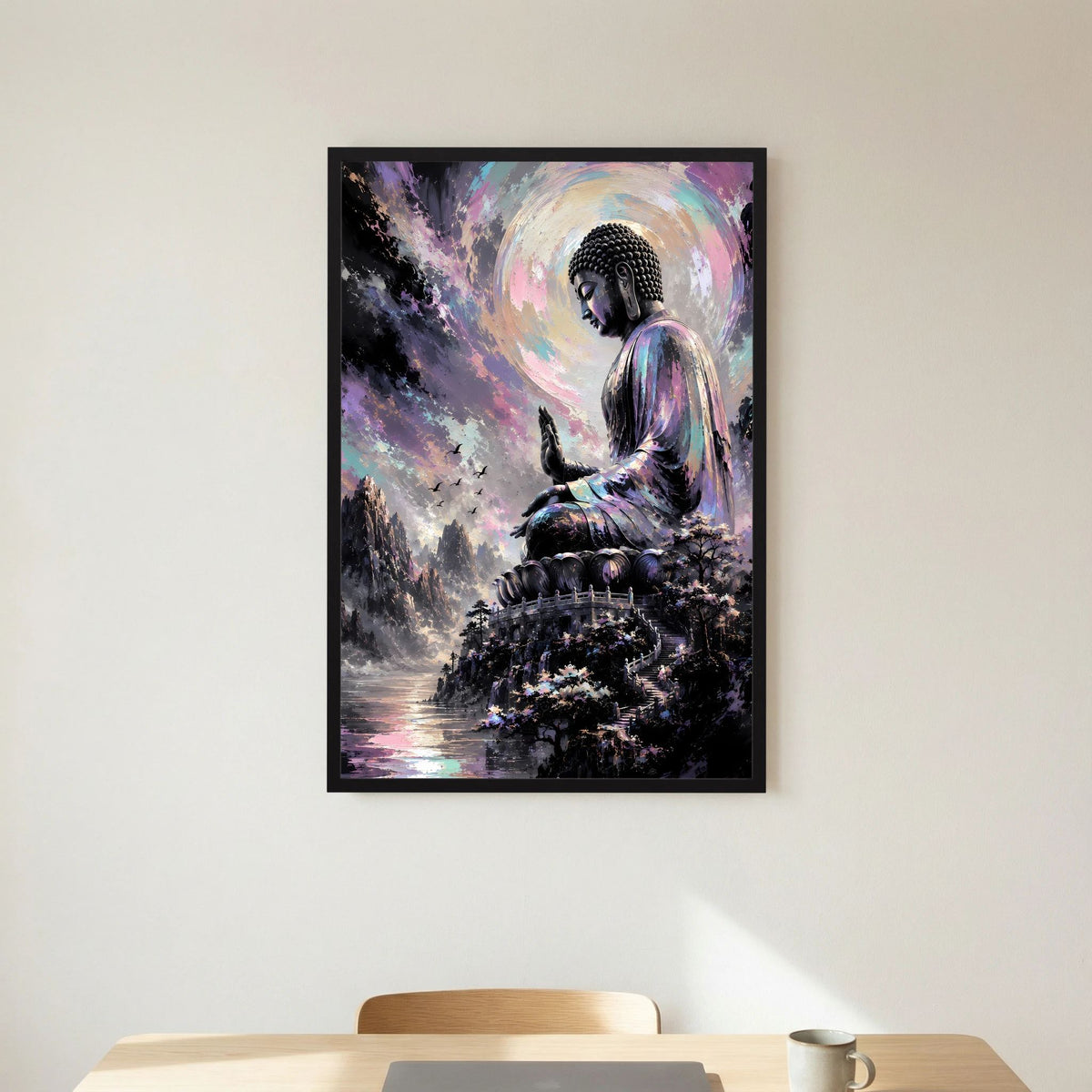 Kunstposter mit meditierendem Buddha in Pastellfarben, schwarzer Rahmen