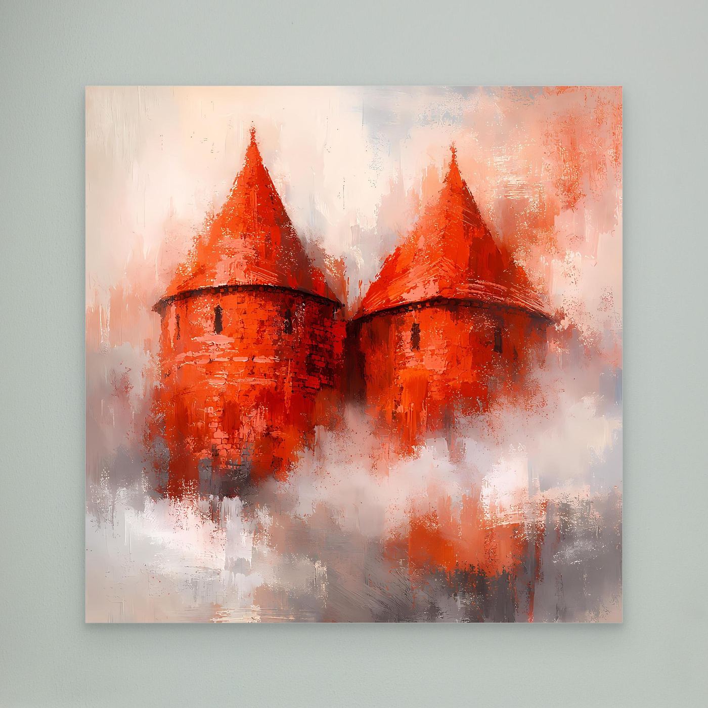 Leinwand Mystische Rote Burgtürme im Nebel | Abstraktes Festung Wandbild