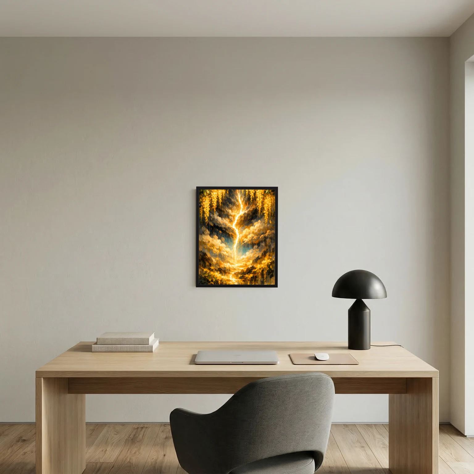 Wandbild mit gold leuchtendem Lebensbaum-Motiv im schwarzen Rahmen