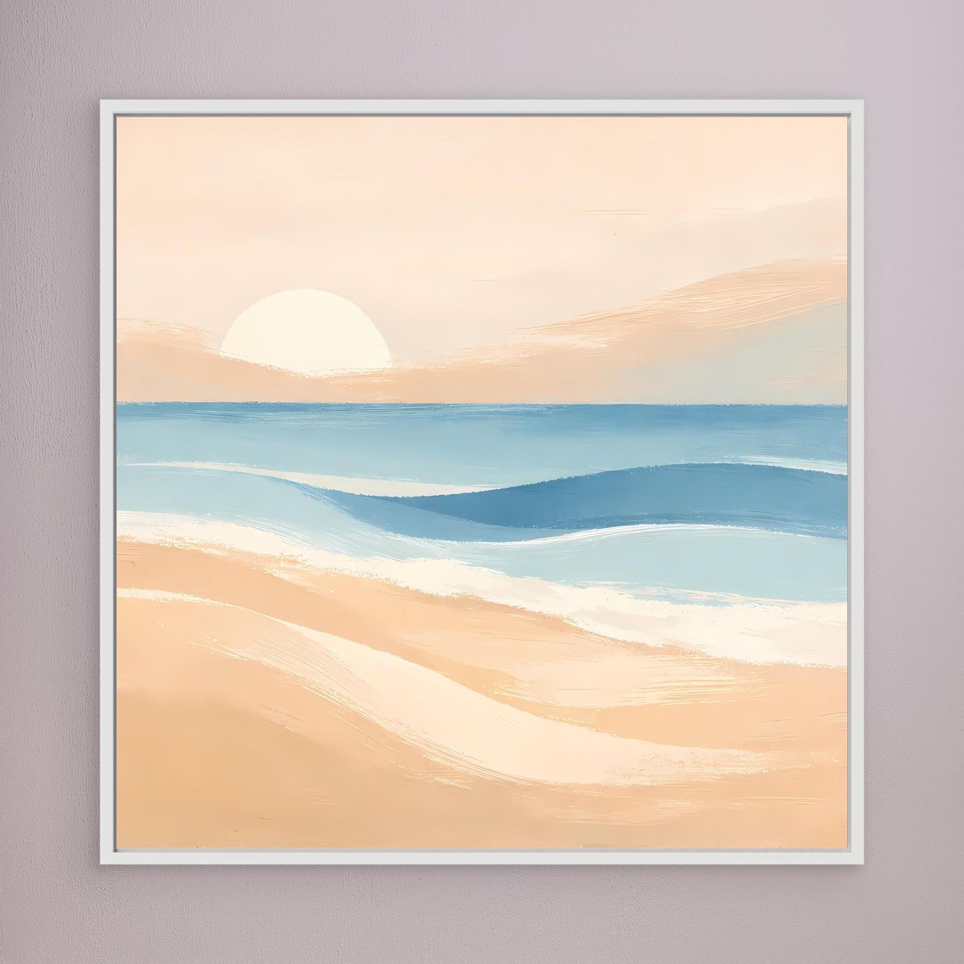 Leinwandbild mit hellem Rahmen: abstrakter Strand und ruhiges Meer mit Pastellsonne.