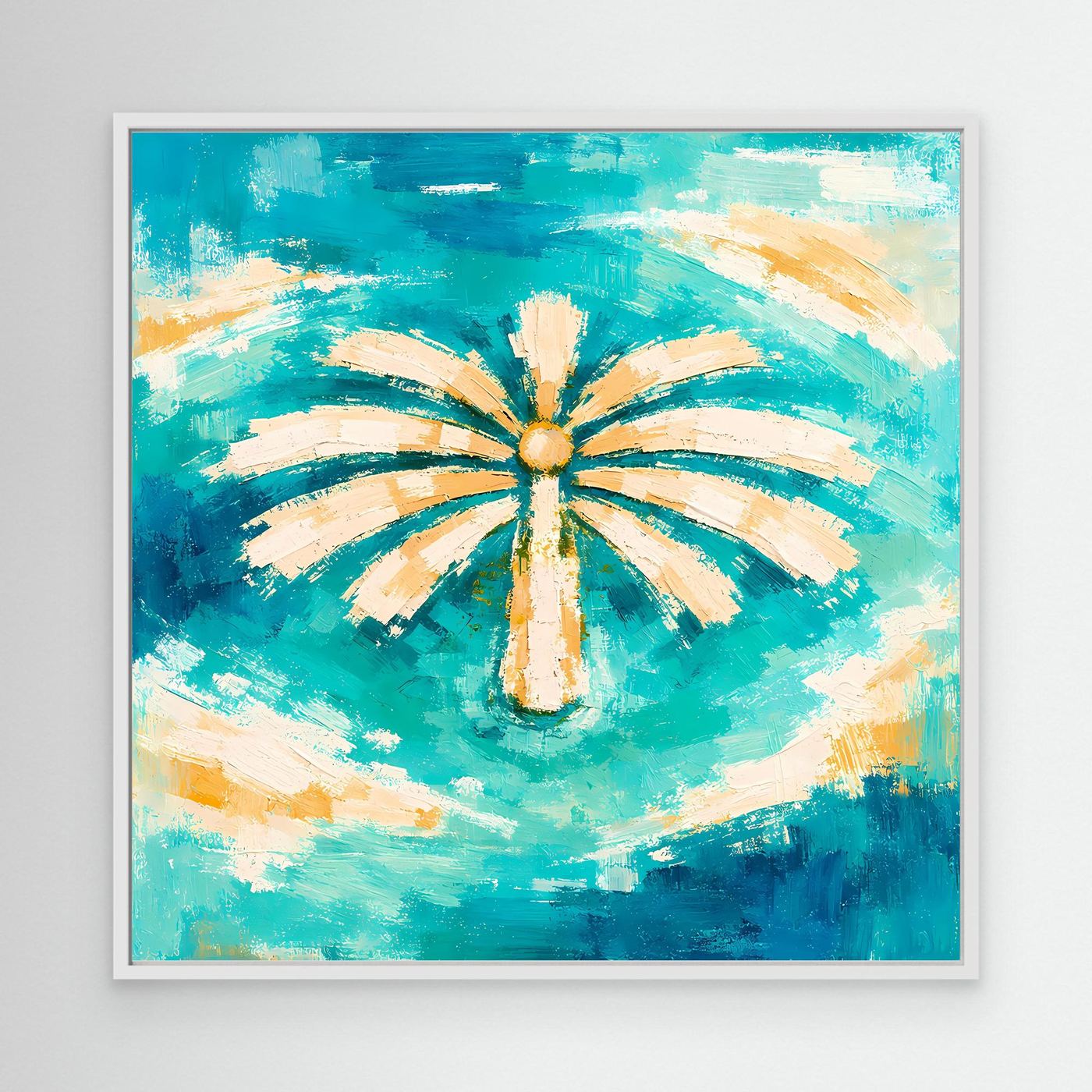 Leinwand Abstrakte Palme im Meer | Modernes Dubai Palmeninsel Wandbild Türkis