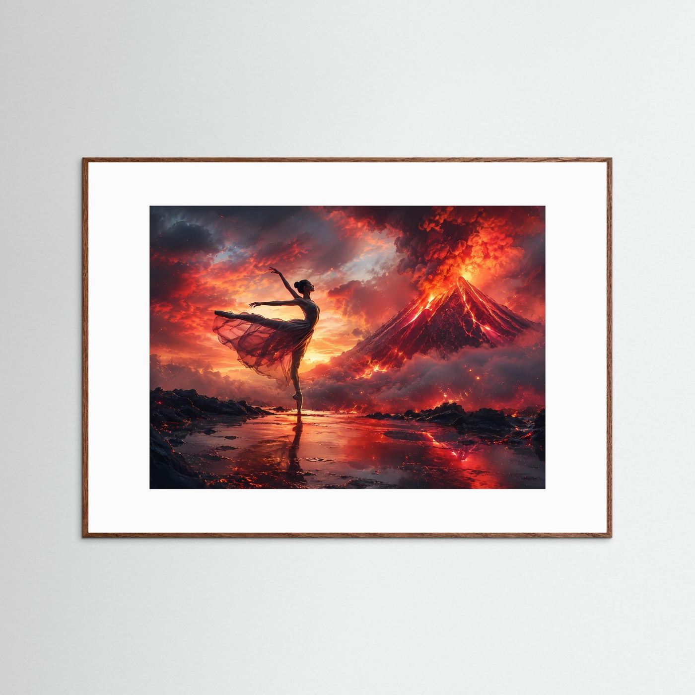 Ballerina Vulkan Poster | Tänzerin vor eruptierendem Vulkan | Dramatische Tanz Wandkunst | Moderner Kunstdruck