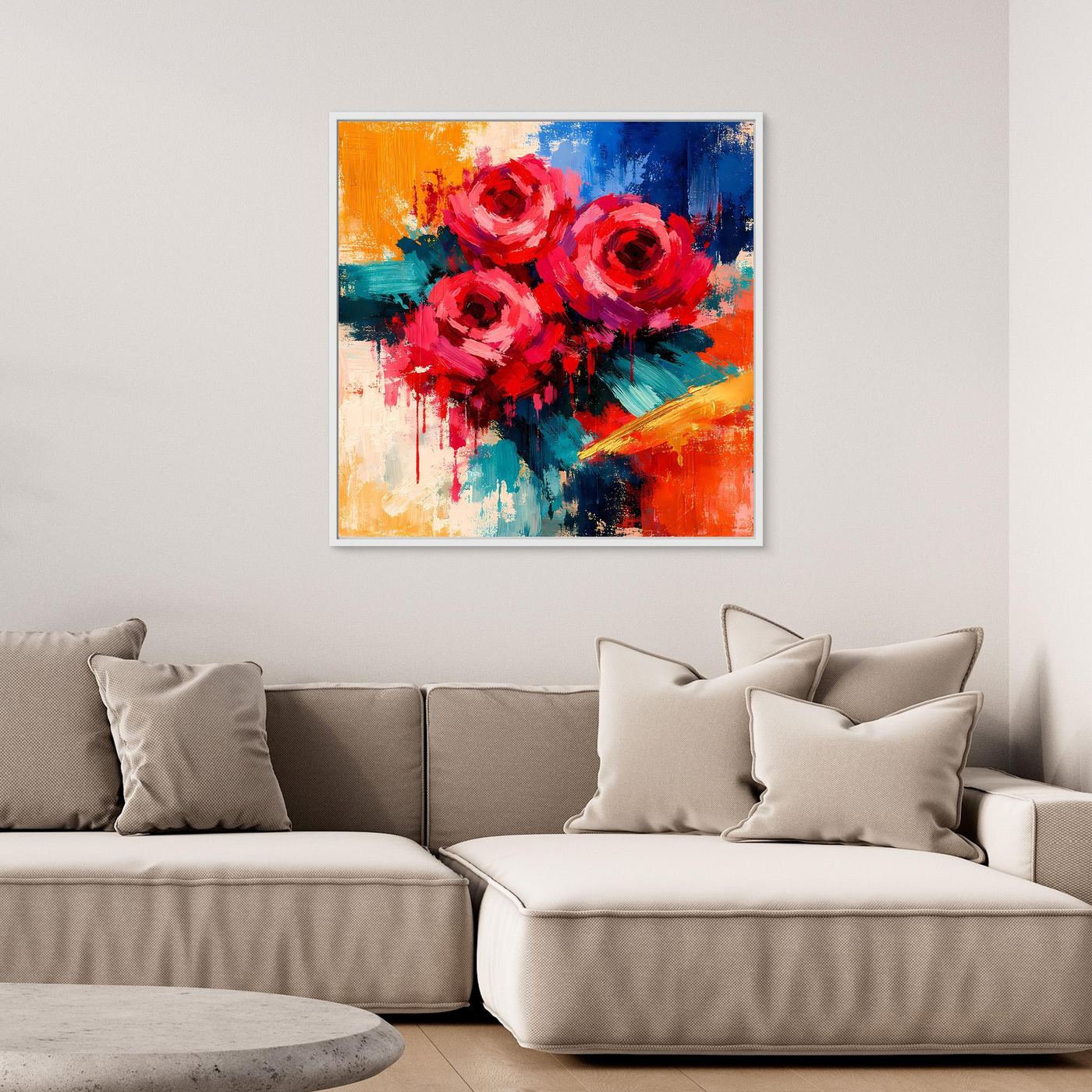 Quadratisches Leinwandbild mit abstrakten roten Rosen, kräftige Farben, mit hellem Rahmen