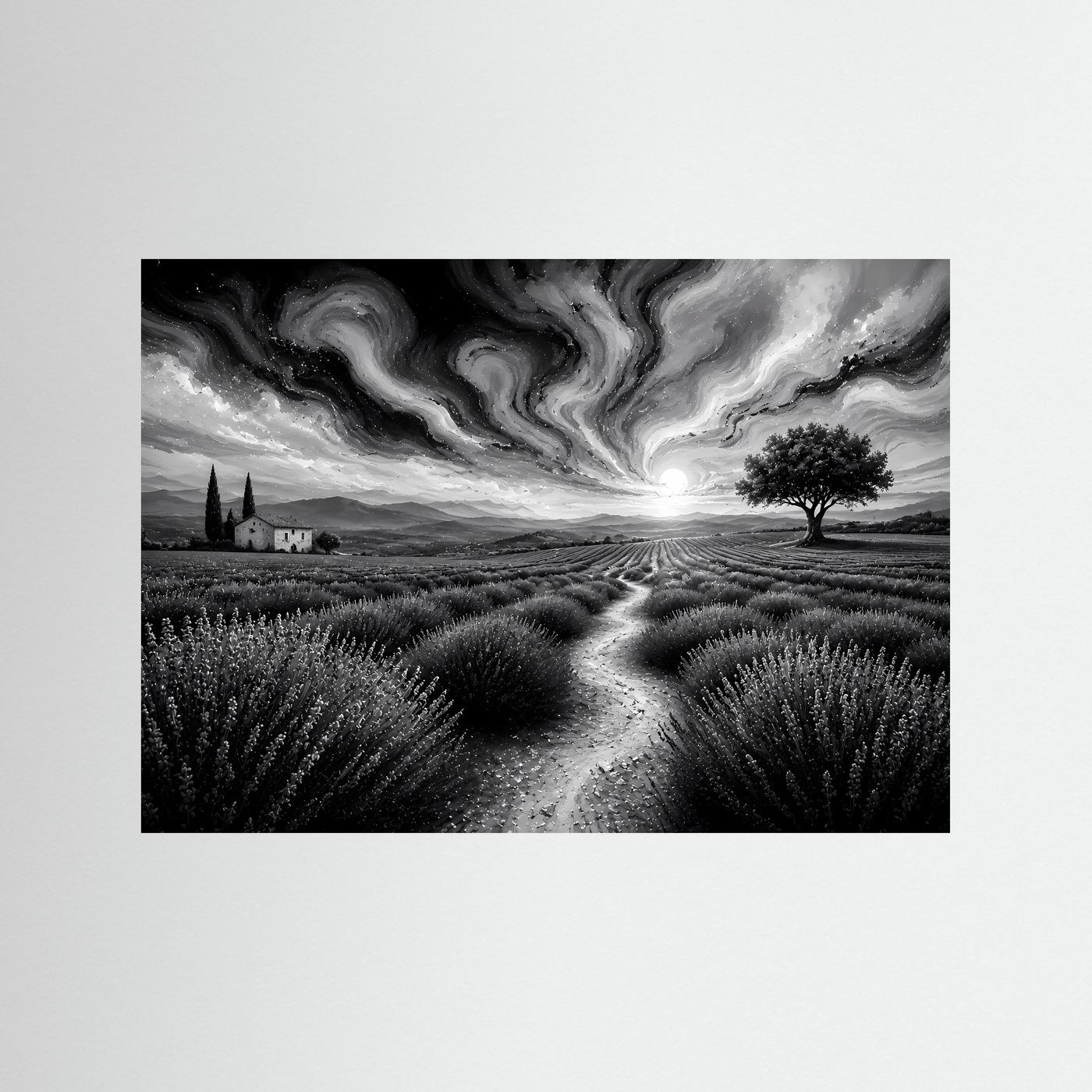Lavendelfeld in Schwarz-Weiß | Abstrakte Landschaft mit dramatischem Himmel