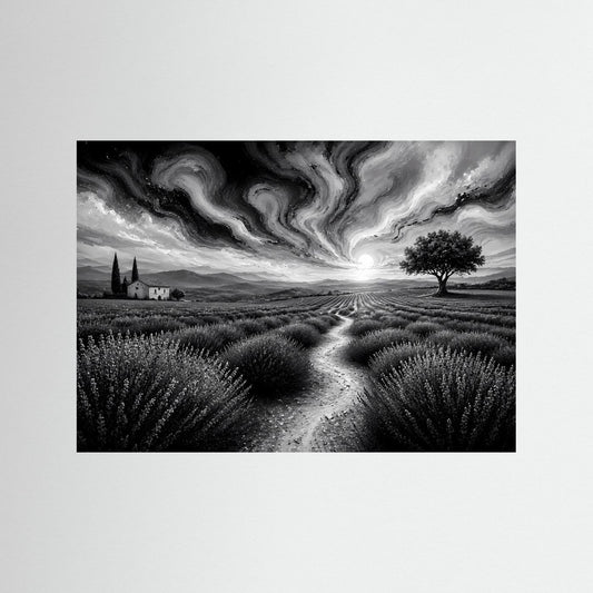Schwarzweiß-Landschaftsbild mit Feldweg und Lavendelfeldern, dramatischer Himmel