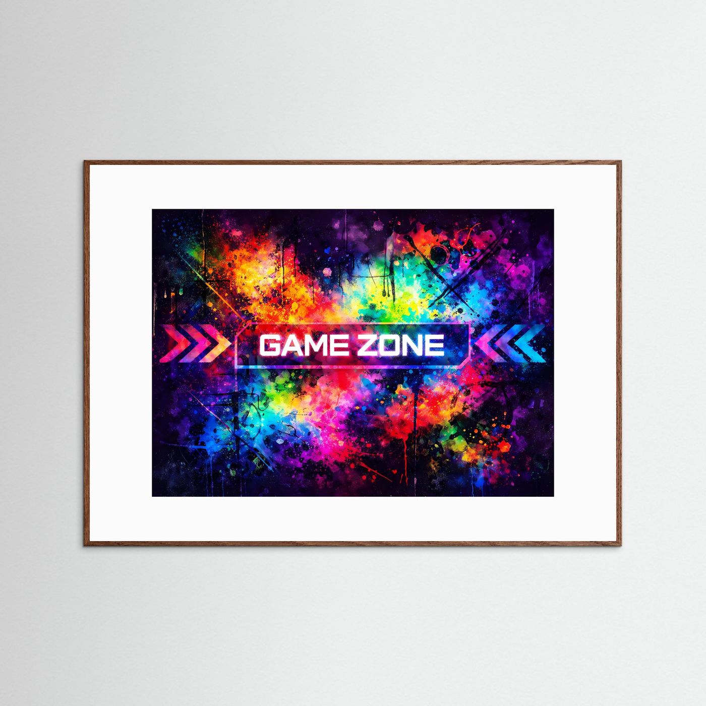 Gerahmtes Querformat-Poster mit buntem Grafikdesign und „GAMEZONE“-Schriftzug, dunkelbrauner Rahmen.