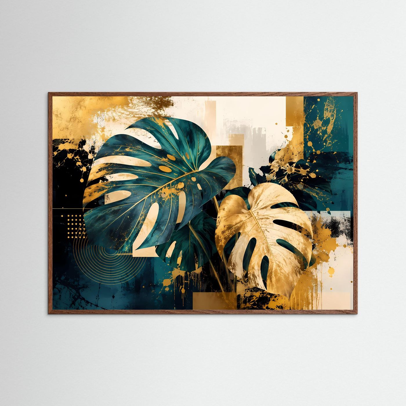 Goldene Monstera-Blätter in Petrol & Ocker | Modernes Abstract-Art Poster Querformat