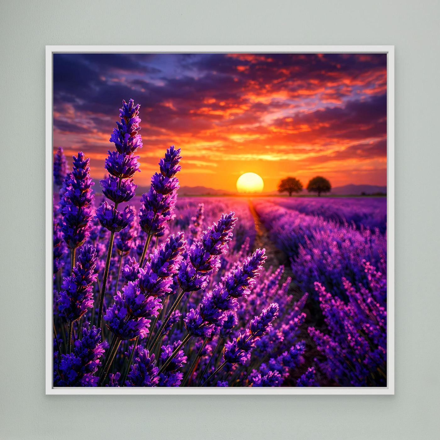 Gerahmtes Leinwand-Wandbild mit Lavendelfeld und Sonne im Sonnenuntergang, weißer Rahmen.
