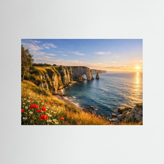 Querformat-Poster: Küstenfelsen am Meer bei Sonnenuntergang mit roten Blumen.