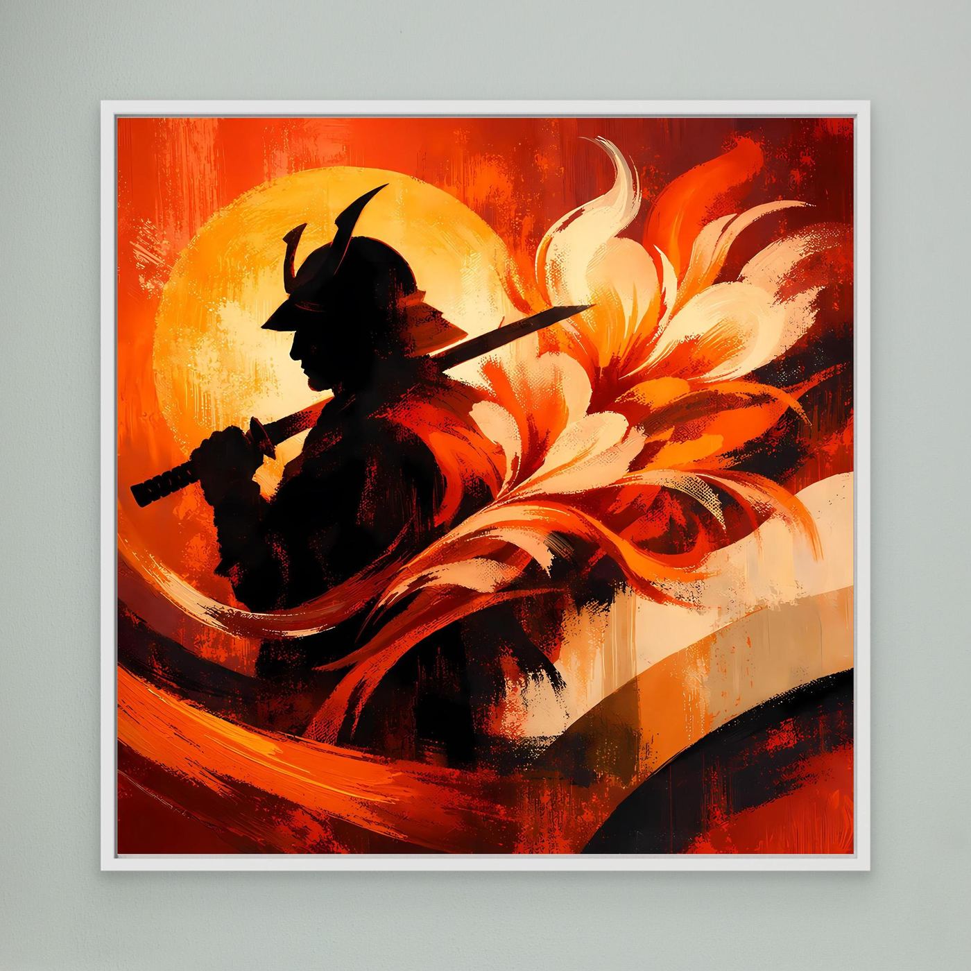 Gerahmtes Wandbild mit schwarzer Samurai-Silhouette und Feuerwirbeln in Orange und Gelb