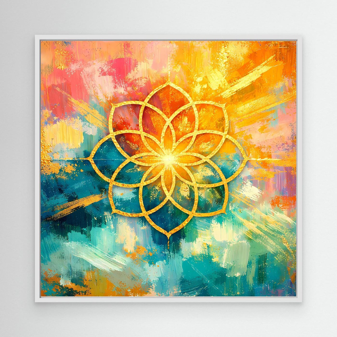 Quadratisches Leinwandbild mit weißem Rahmen: goldenes Blume-des-Lebens-Mandala, bunt