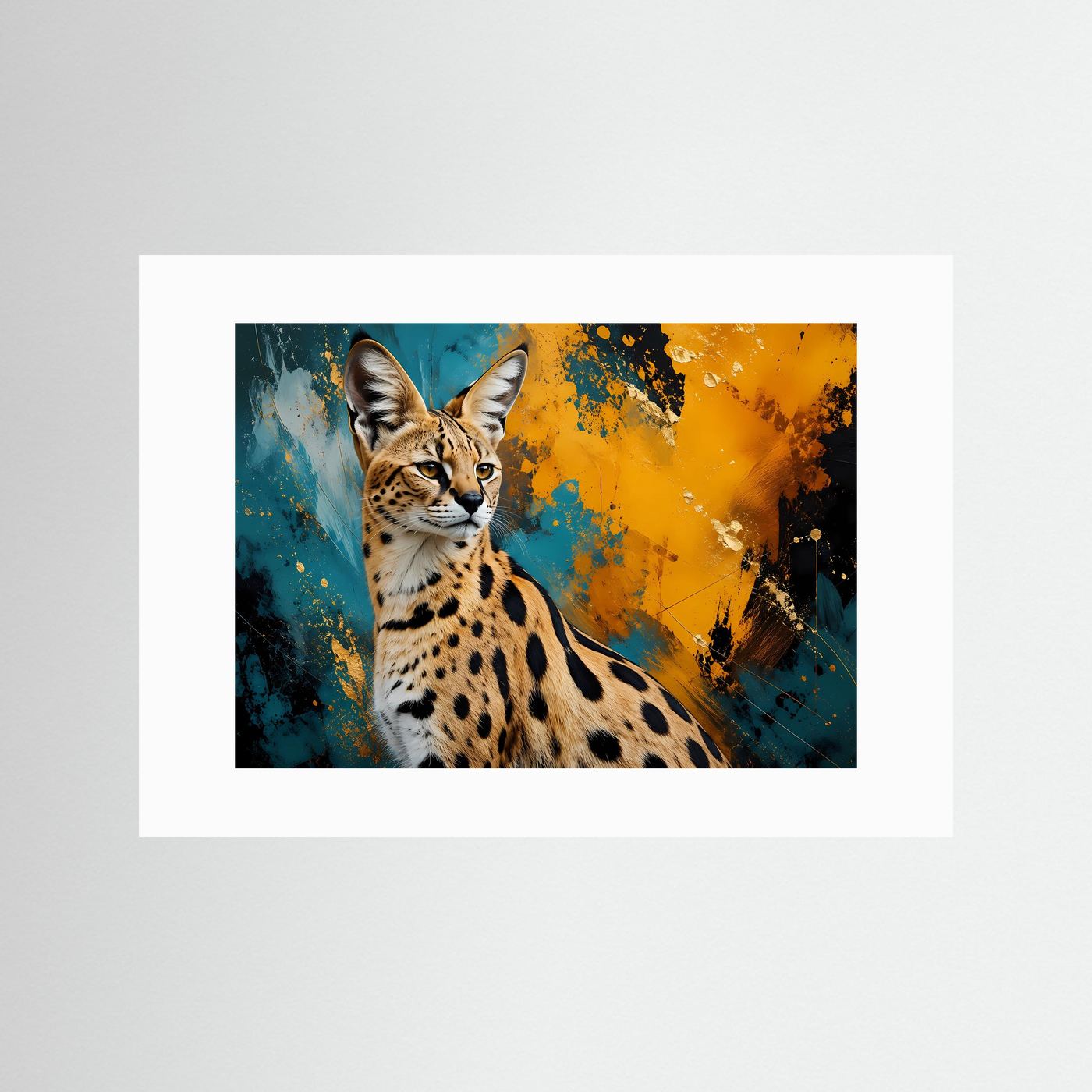 Elegante Wildkatze im abstrakten Farbspiel | Modernes Raubkatzen- & Kunst-Poster Querformat