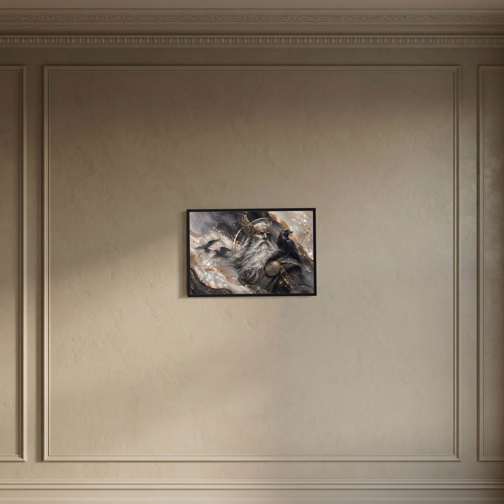 Querformatposter mit Odin und Raben, schwarzer Rahmen, zentral auf der Wand