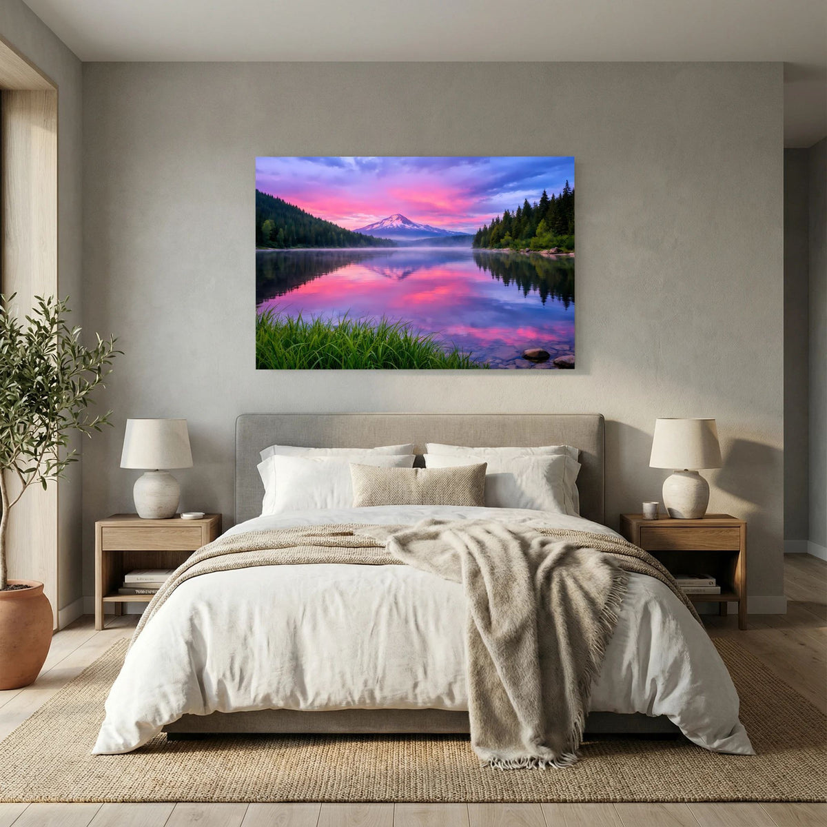 Querformat-Wandbild mit Bergsee-Szene, violettem Abendhimmel und Spiegelung im Wasser