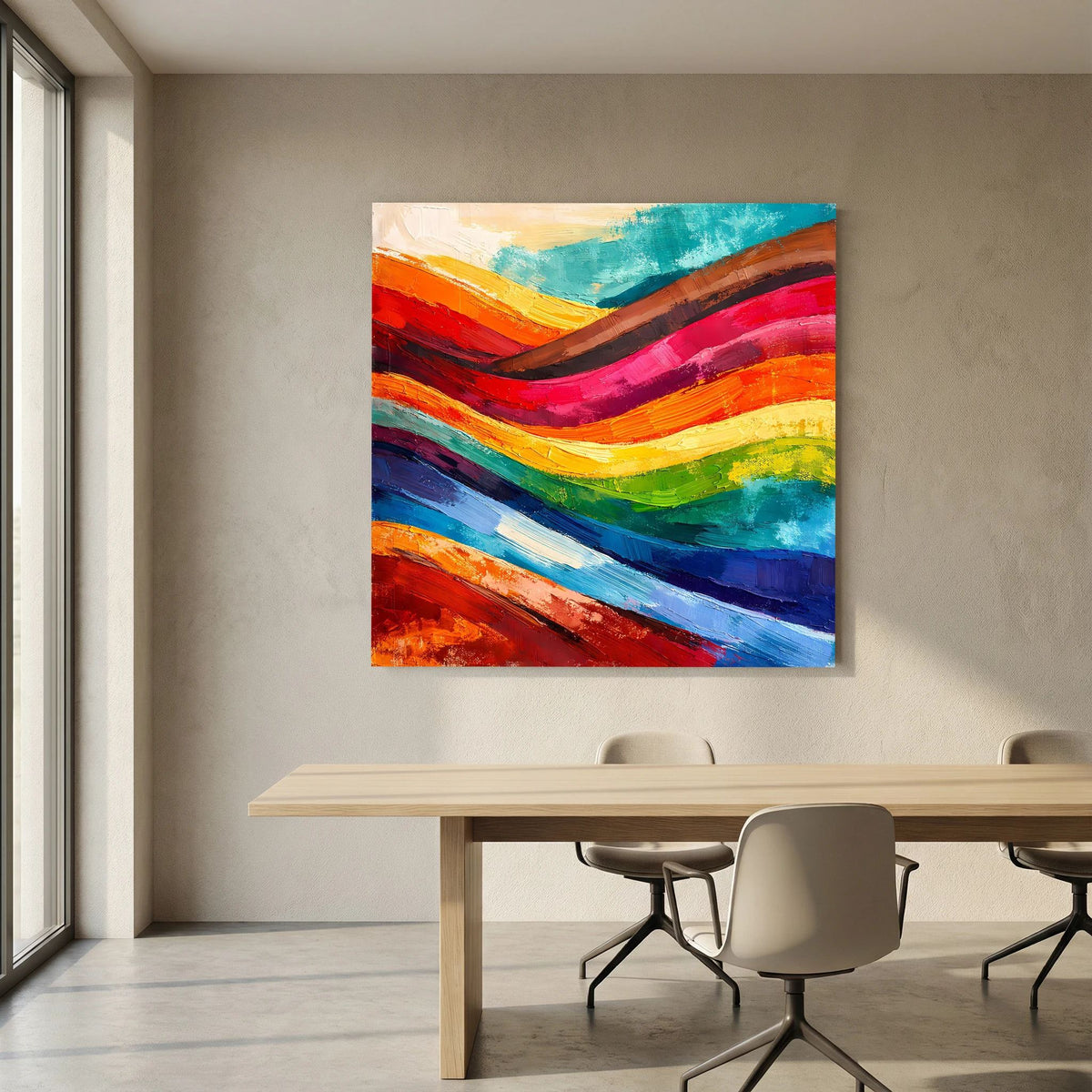 Abstraktes Leinwandbild an der Wand: farbige geschwungene Striche in Rot, Blau, Grün und Gelb