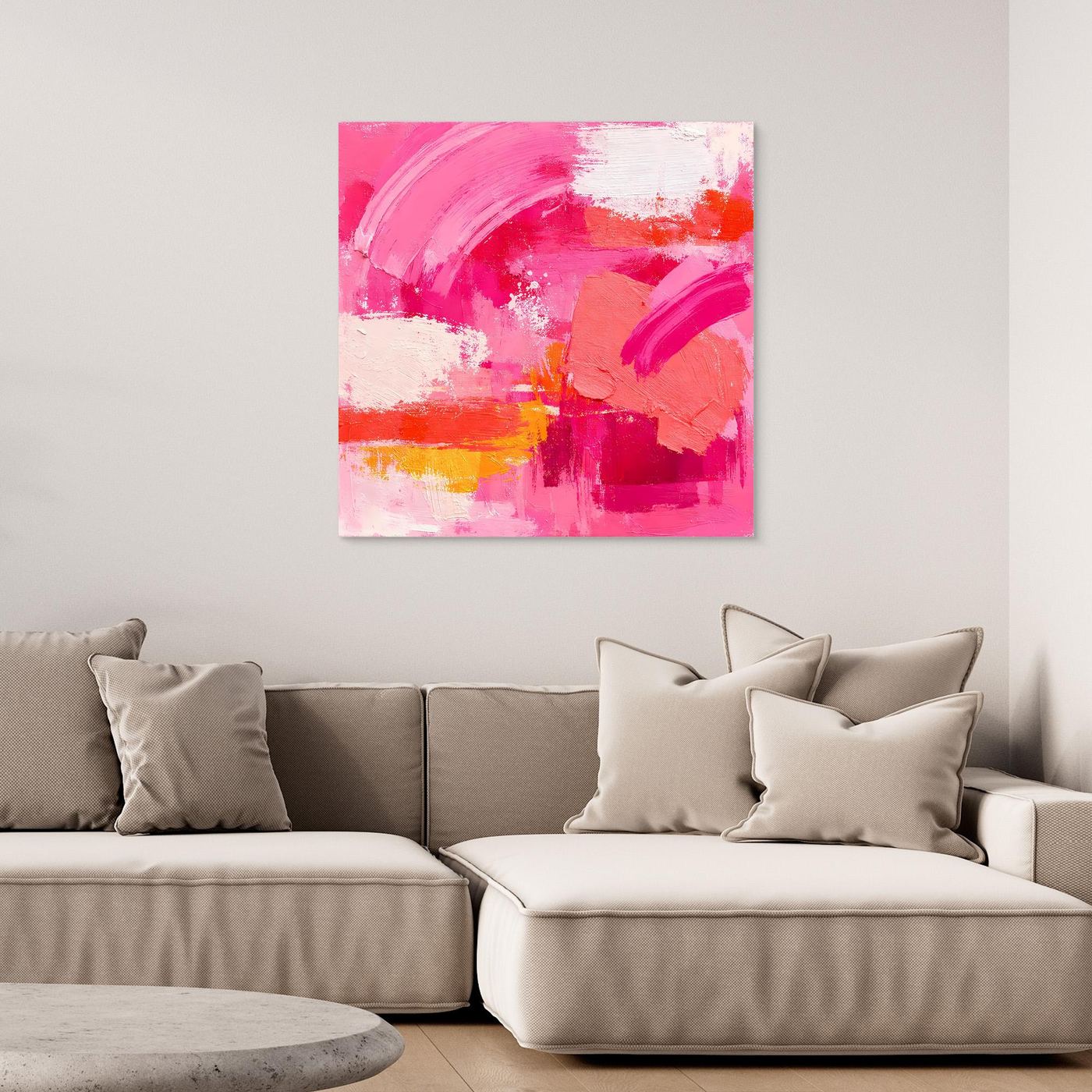 Abstraktes Leinwand-Wandbild mit pinken Pinselstrichen und Farbflecken