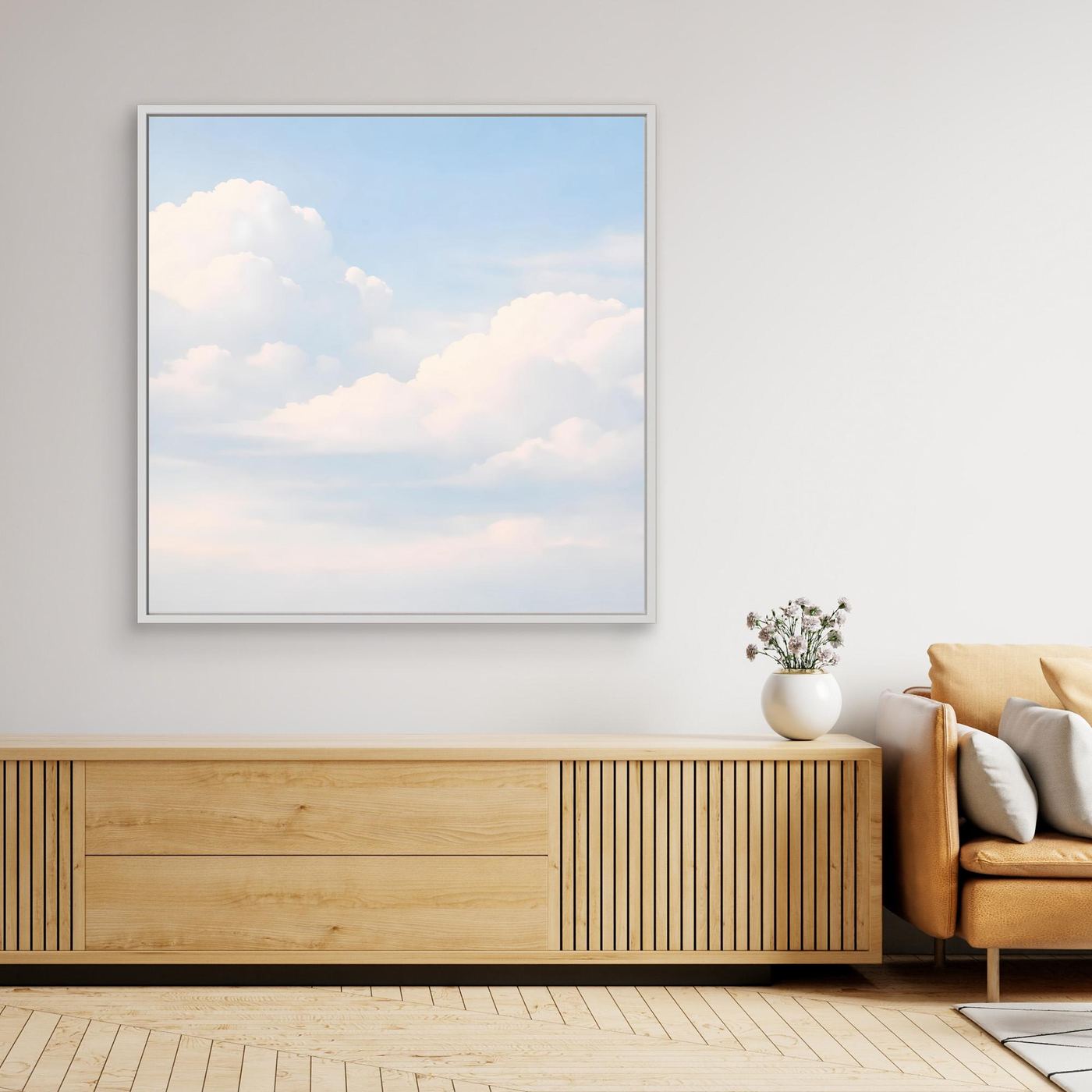 Leinwandbild mit Pastellhimmel und sanften Wolken, heller Rahmen