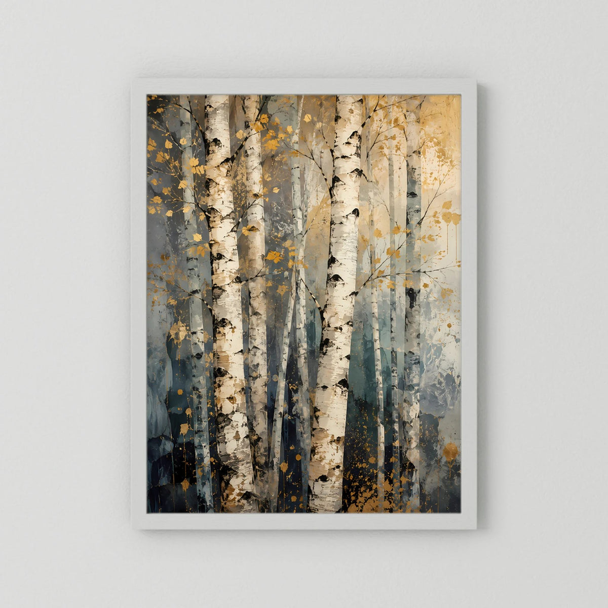 Hochformatiger Posterprint mit abstrakten Birken in Beige, Grau und Blau, hellgrauer Rahmen