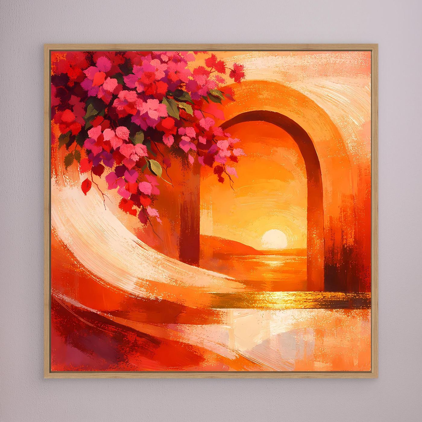Leinwandbild: orangefarbener Torbogen mit pinken Blüten und Sonnenuntergang, braun gerahmt