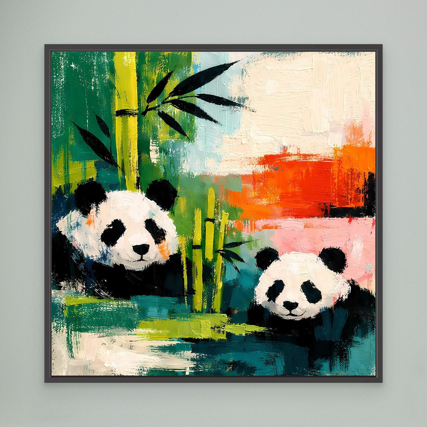 Framed canvas wall art with two pandas and bamboo in colorful abstract brushstrokes