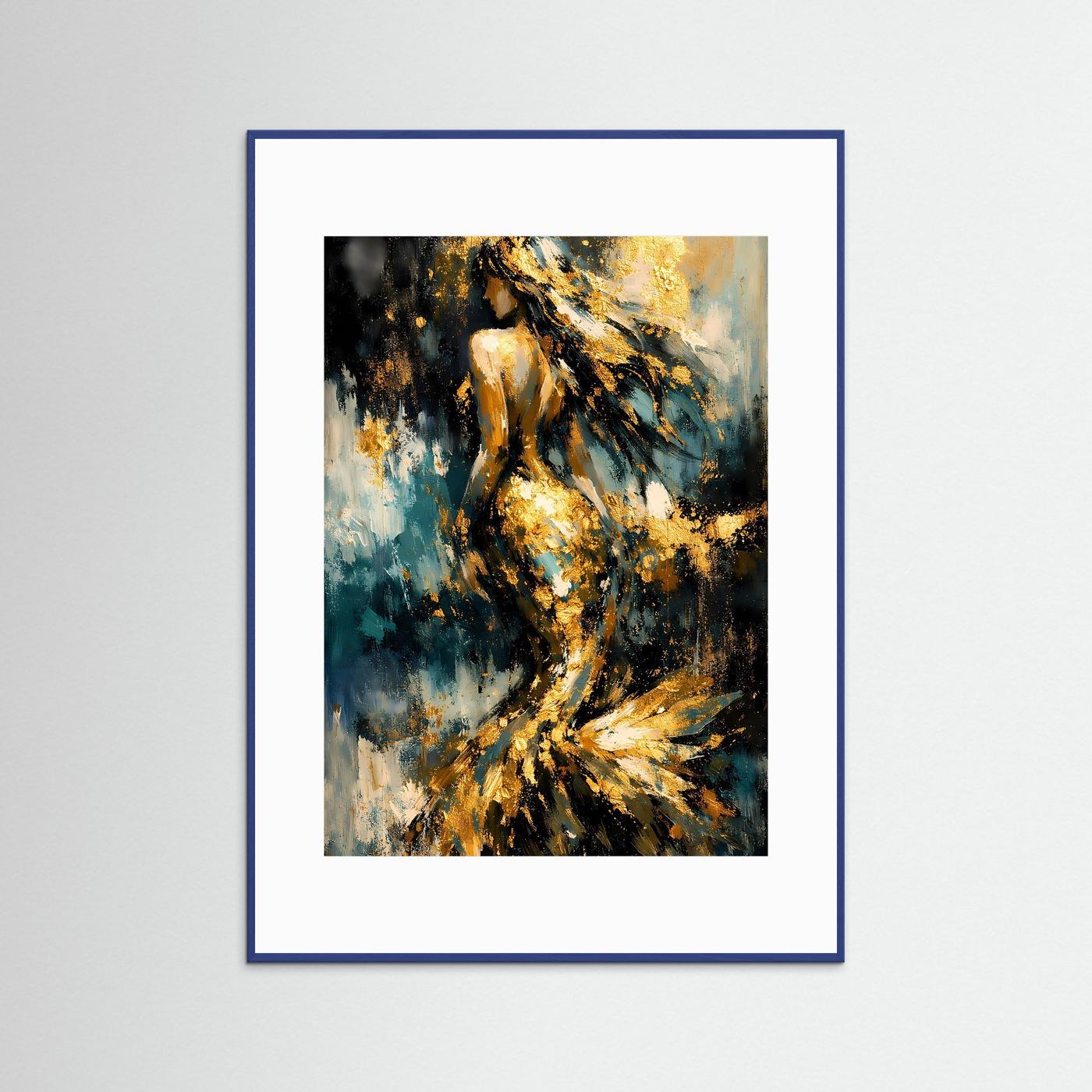 Meerjungfrauen-Poster im Hochformat mit abstraktem Motiv, goldenen Akzenten, blauem Rahmen