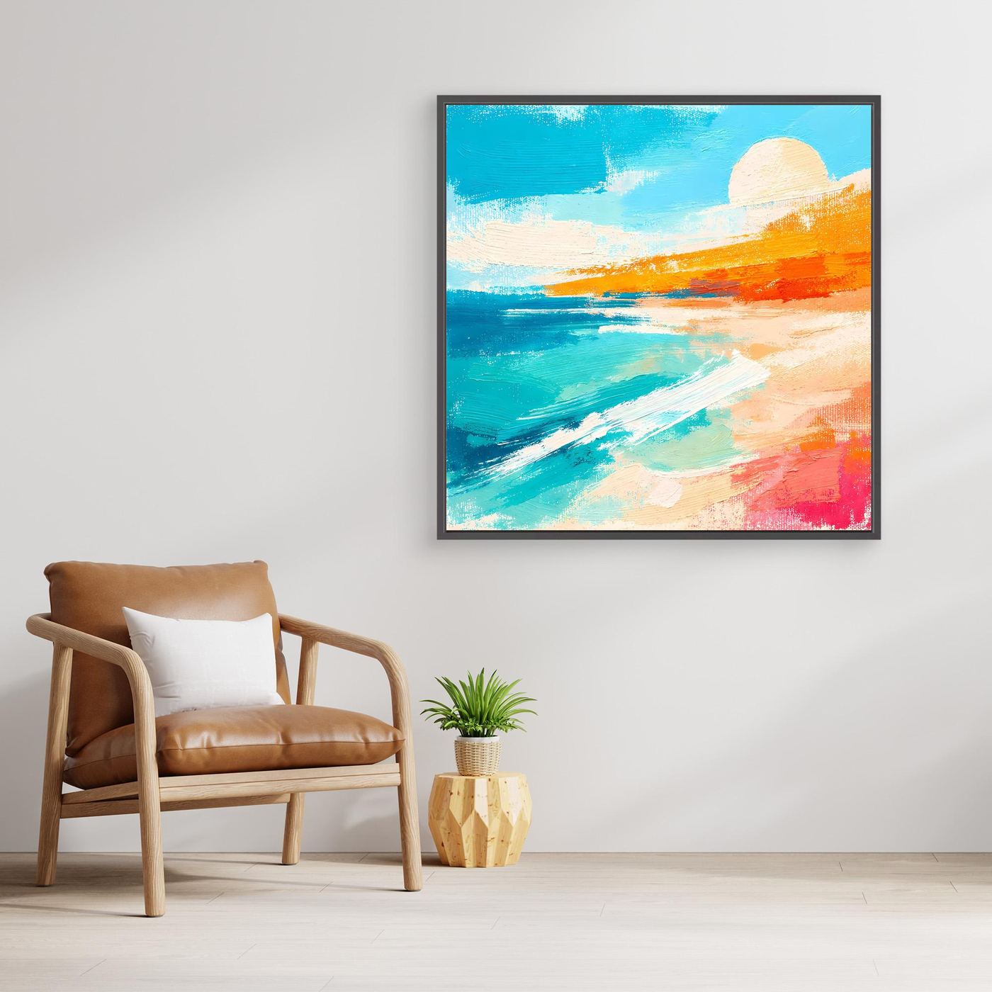 Abstract beach wall art with a dark frame, teal sea and orange sand with white streaks.
