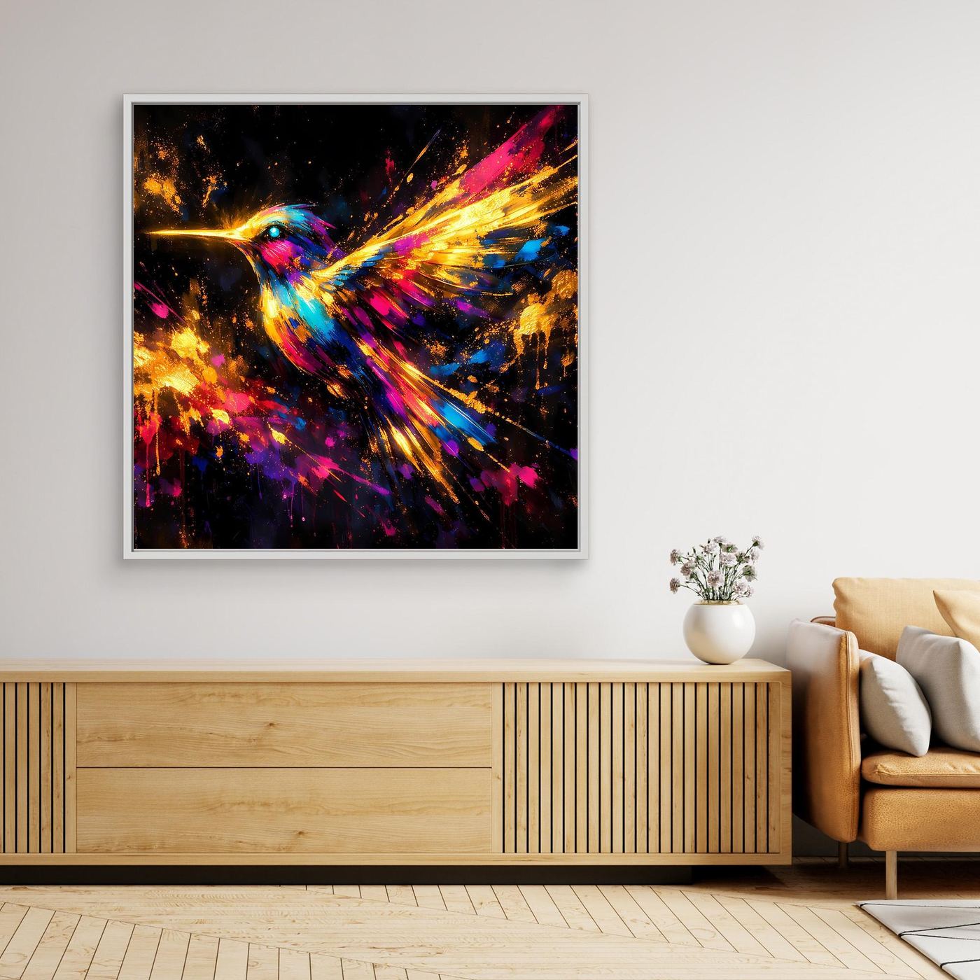 Leinwand Farbenfroher Kolibri im Flug | Abstraktes Modernes Wandbild Bunt