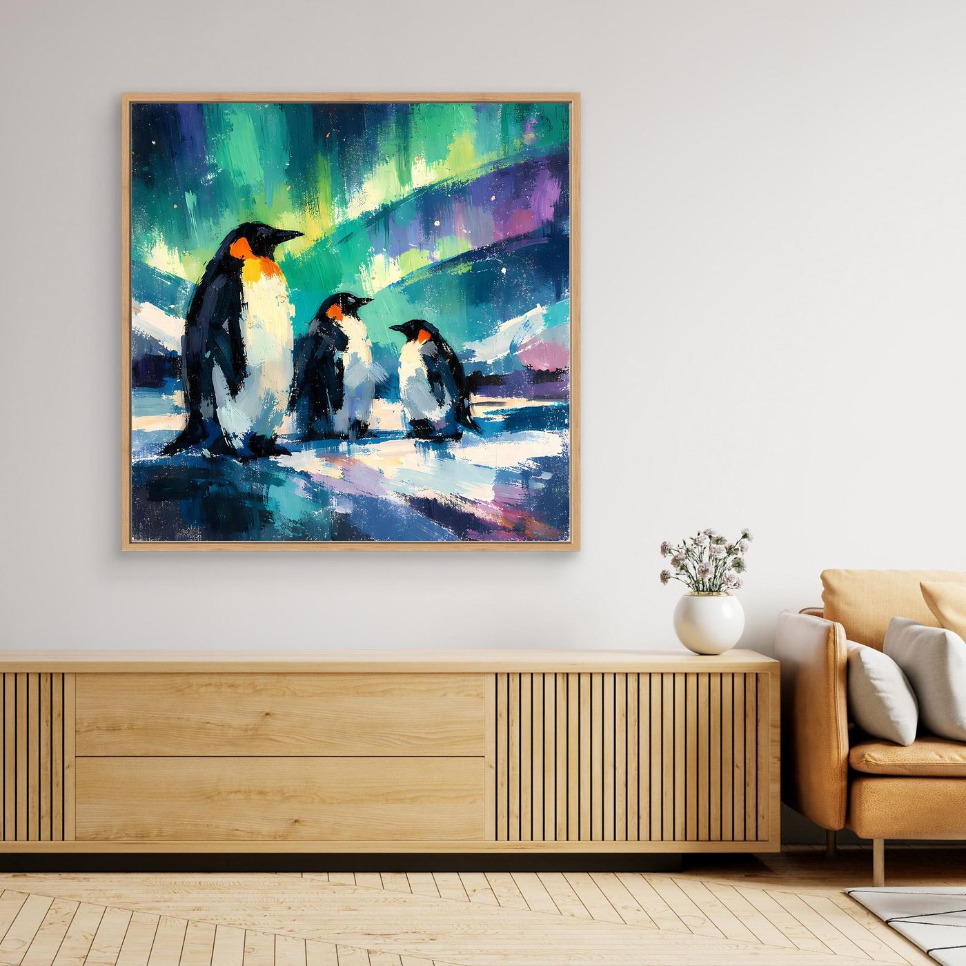 Leinwand Majestätische Pinguine unter Polarlichtern | Abstraktes Antarktis & Nordlicht Wandbild