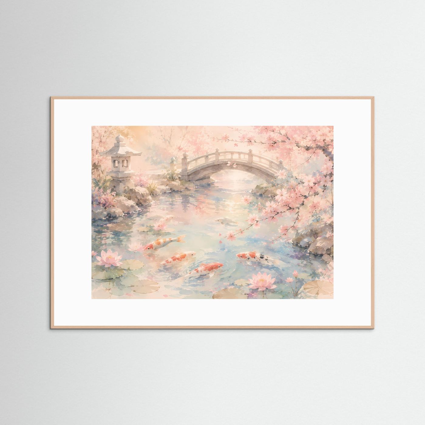 Japanischer Koi-Teich mit Kirschblüten | Zen Garten in Pastell Rosa