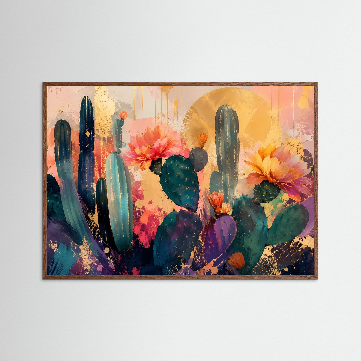 Blühende Wüste | Abstraktes Kaktus & Blumen Poster mit Gold- und Pastell-Akzenten