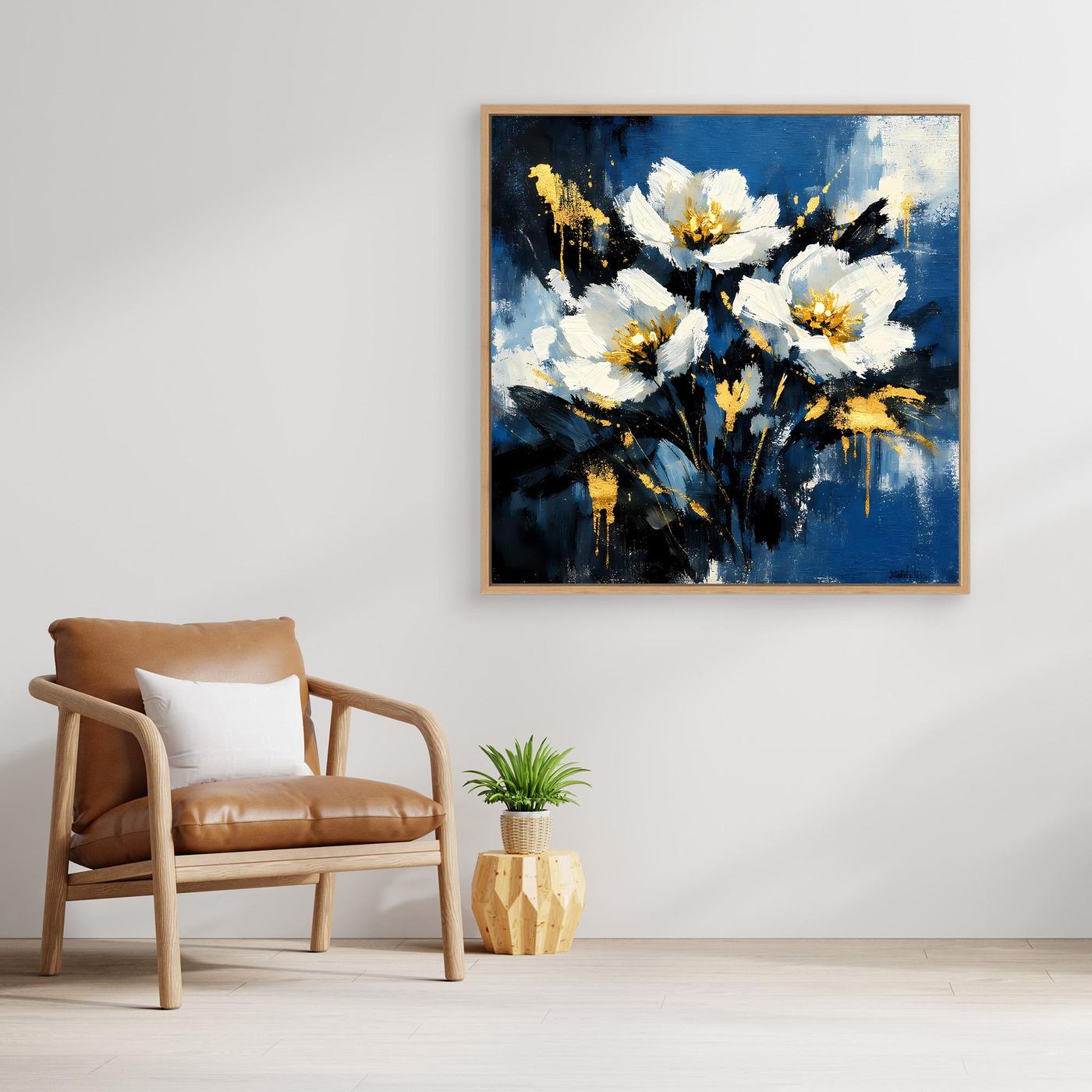 Blüten-Leinwandbild mit goldbraunem Rahmen: weiße Blüten und goldene Tupfen auf Blau