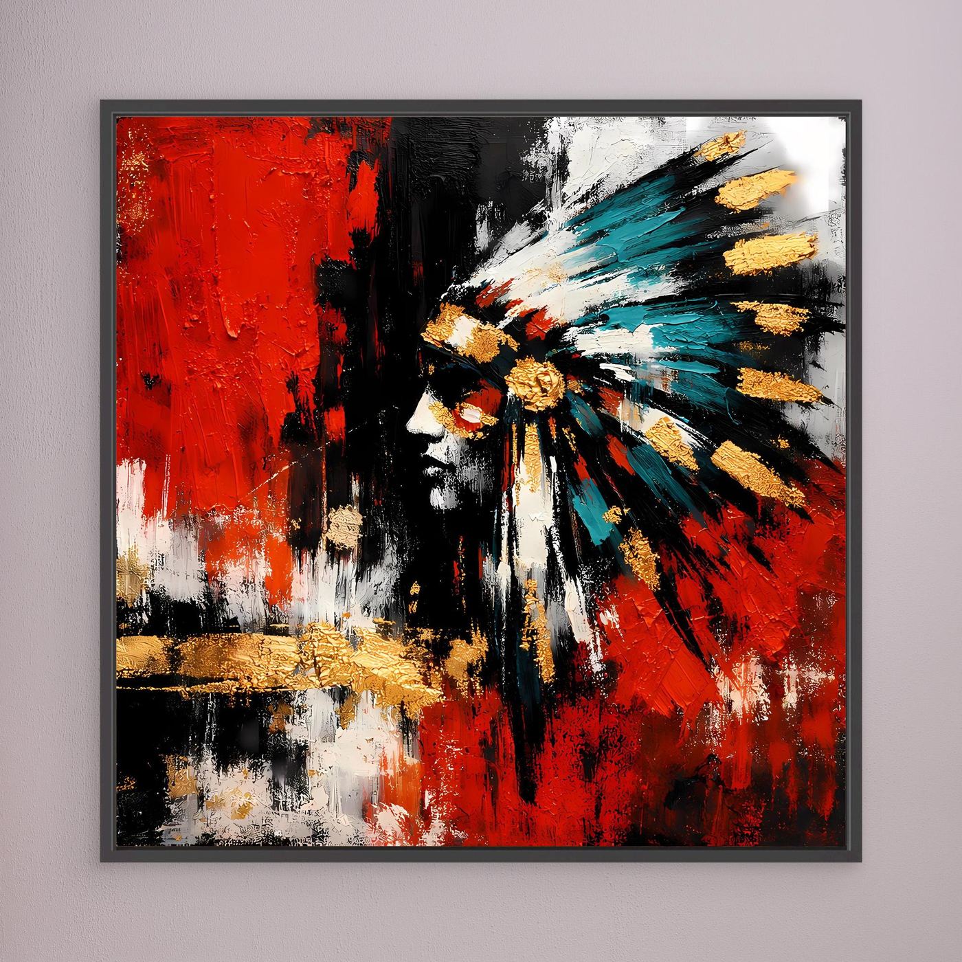 Leinwand-Wandbild mit abstraktem Porträt, Rot, Schwarz, Weiß und Türkis, schwarzer Rahmen