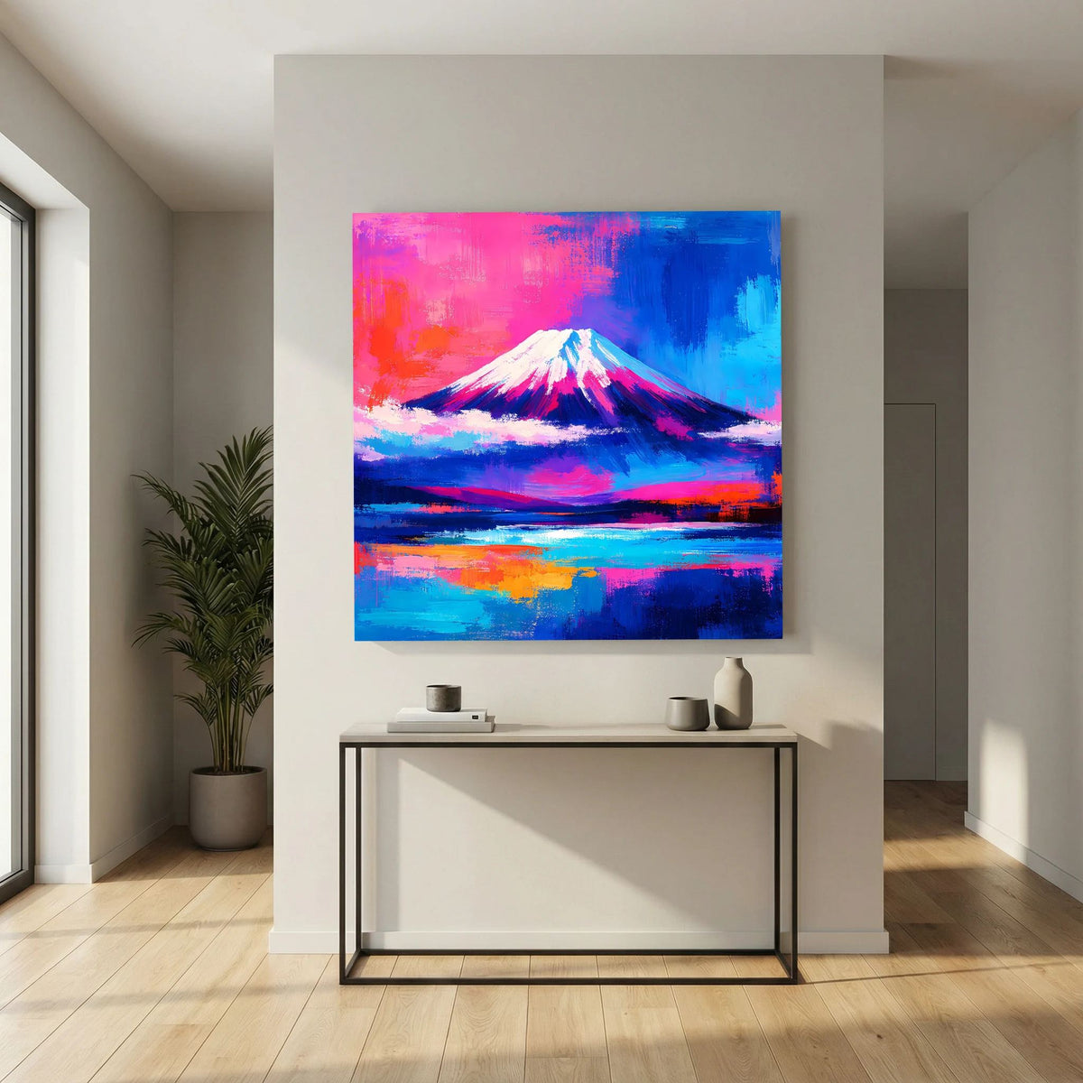 Leinwandbild mit abstraktem Fuji und blauem Wasser, pink-orange Akzente