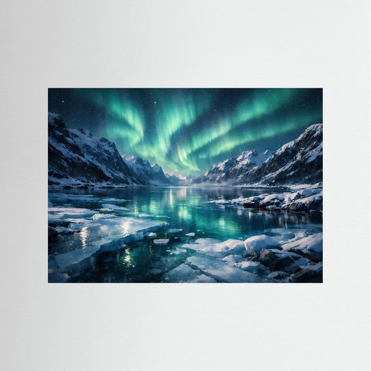 Magische Polarlichter über verschneitem Fjord | Nordlichter Panorama Wandbild & Kunst Poster Querformat