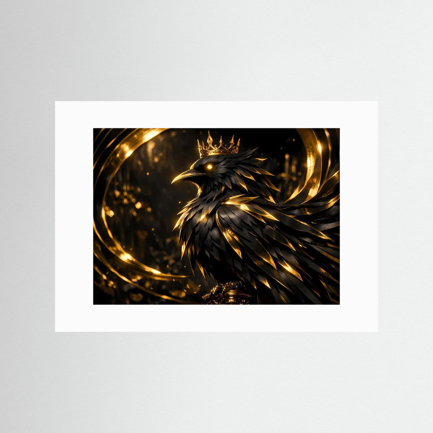 Majestätischer Rabe mit goldener Krone | Edles Fantasy Poster Querformat