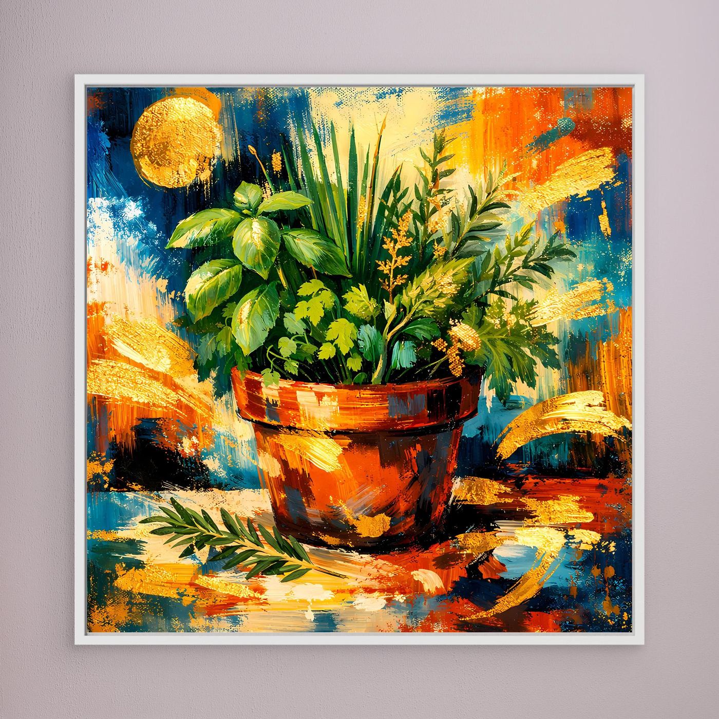 Leinwandbild mit Kräutertopf im Kunststil, bunte Pinselstriche, weißer Seitenrahmen