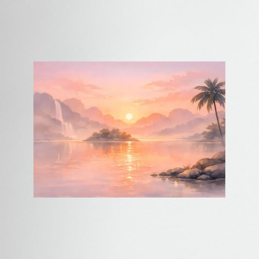 Querformat-Poster mit tropischem Sonnenaufgang über ruhigem See und Palme
