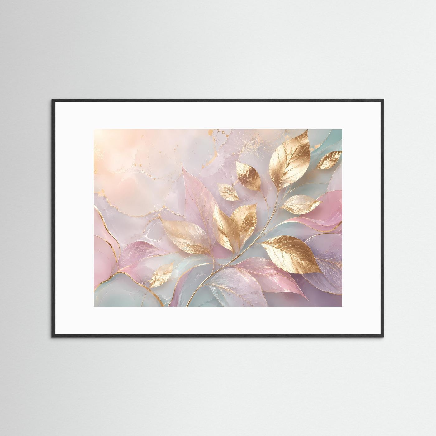 Goldene Blätter Poster | Pastell Wandkunst mit Gold | Elegante Botanische Abstrakte Kunst | Modernes Natur Wandbild