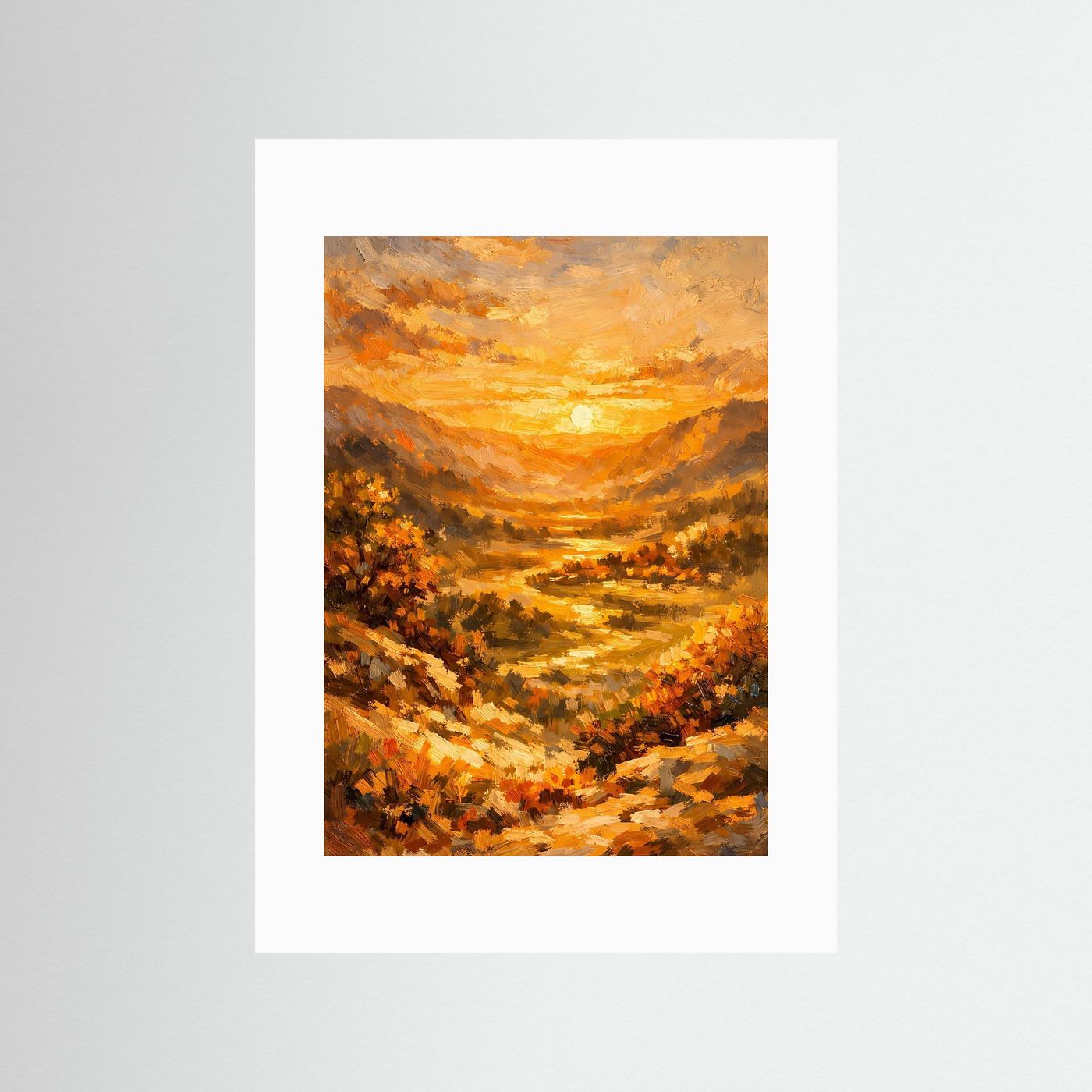 Ölgemälde-Poster hochformat im weißen Passepartout mit warmem Sonnenuntergang