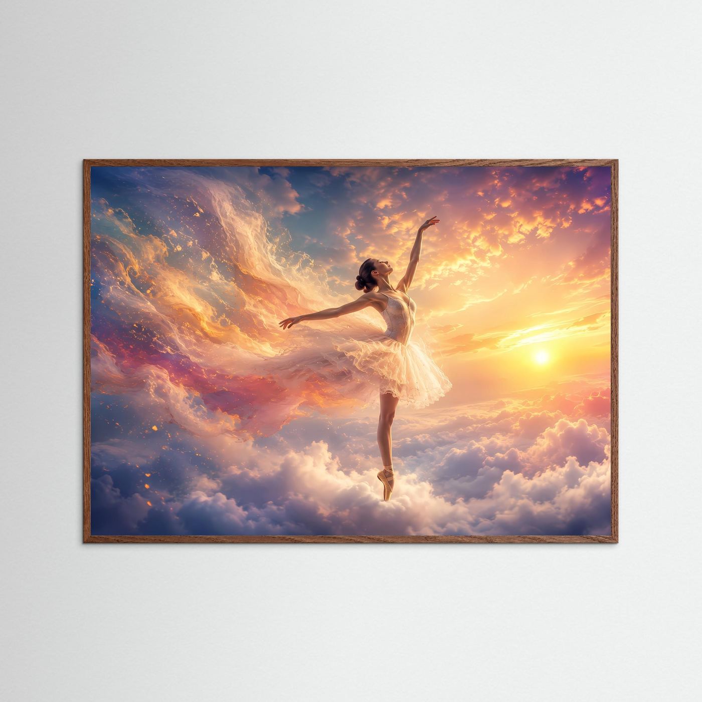 Ballerina über den Wolken im Sonnenlicht | Elegante Tanzkunst in Gold & Pastell