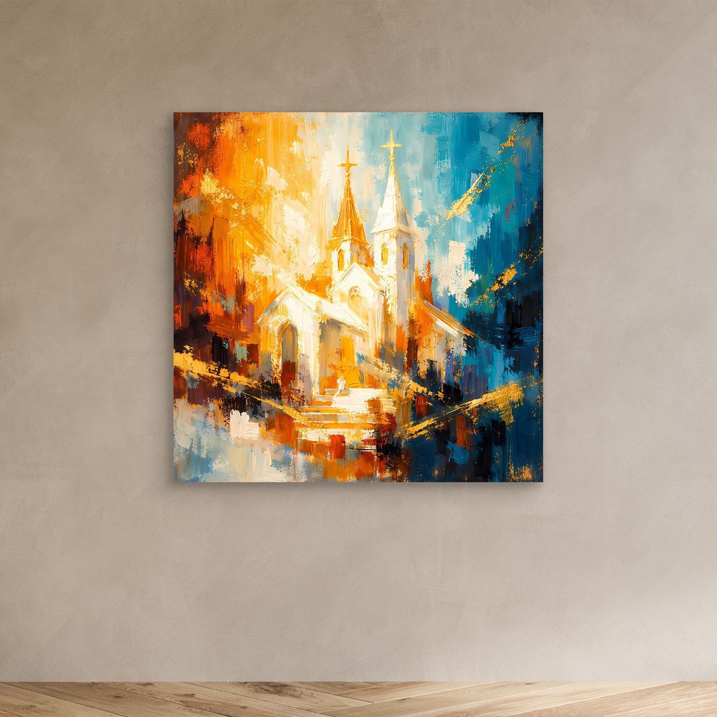 Leinwandbild mit abstraktem Kirchenmotiv in warmem Orange und kühlem Blau, ungerahmt