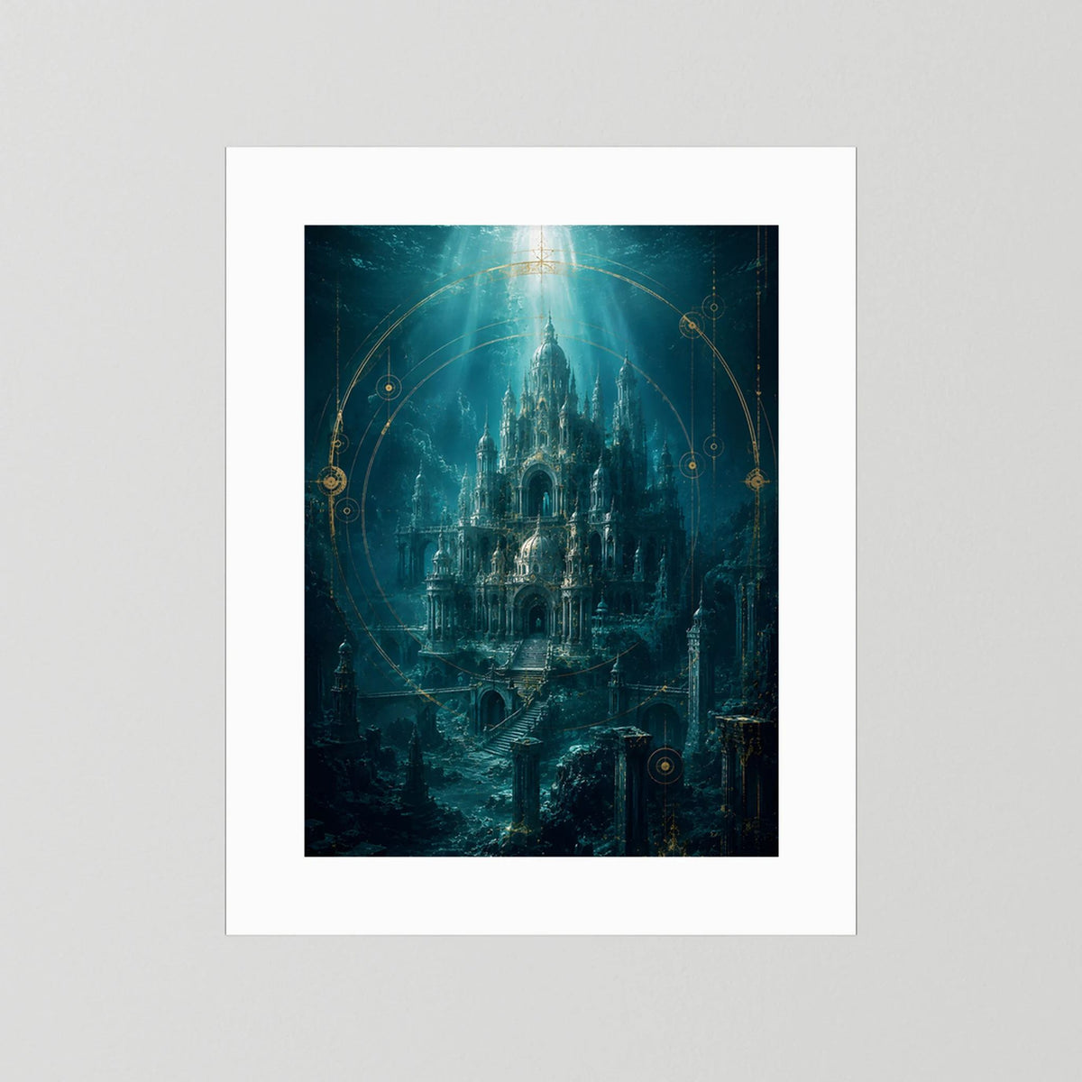 Kunstposter mit weißer Einfassung, Unterwasserstadt in Türkis und Gold