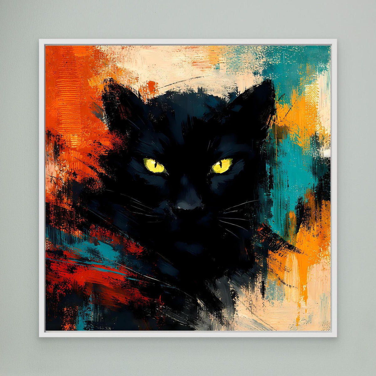 Leinwand-Wandbild mit schwarzem Pantherkopf, gelben Augen, farbigem abstraktem Hintergrund