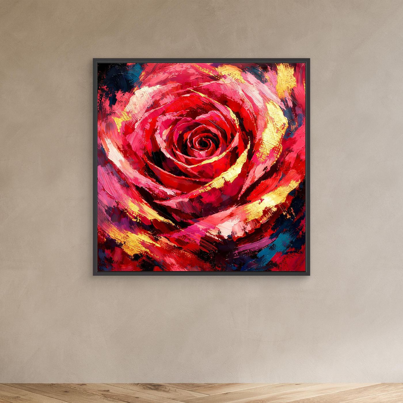 Leinwandbild mit abstrakter Rose, rot und gelb, mit schwarzem Rahmen