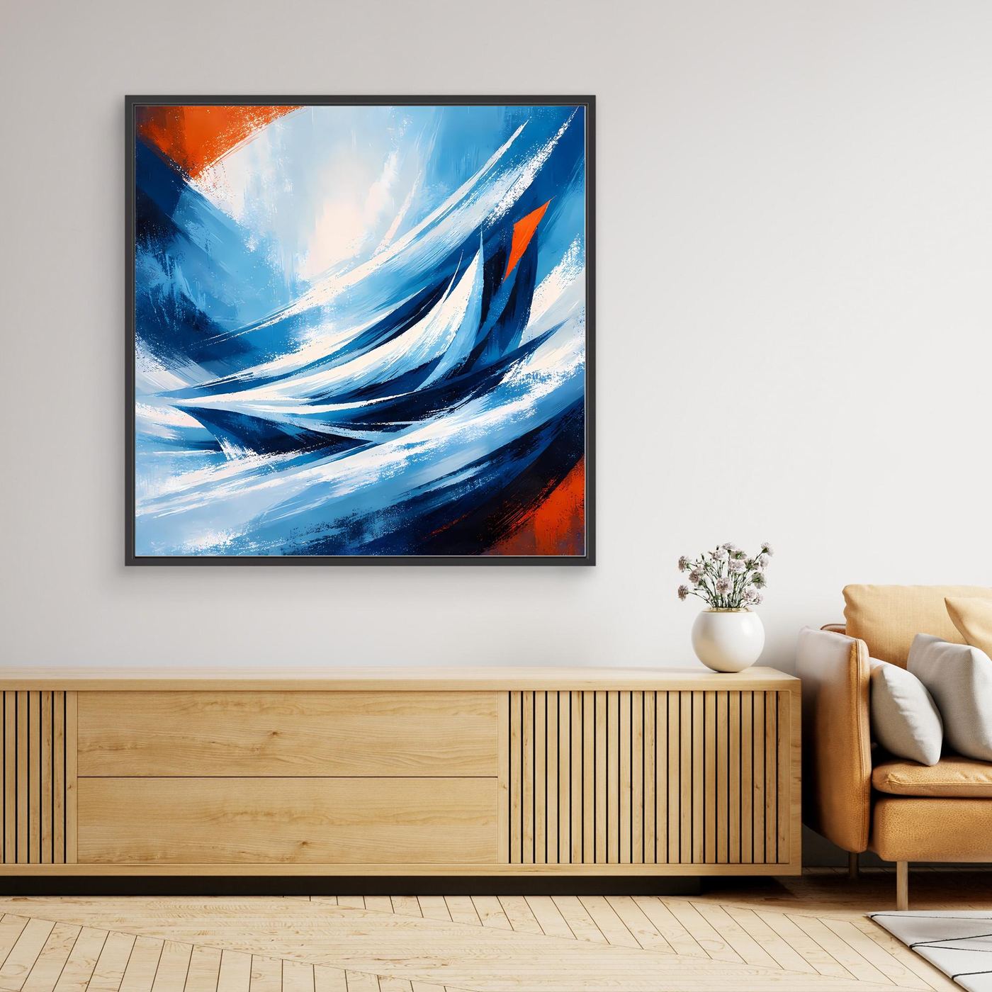 Leinwandbild mit abstrakten blauen Wellen, schwarzem Rahmen