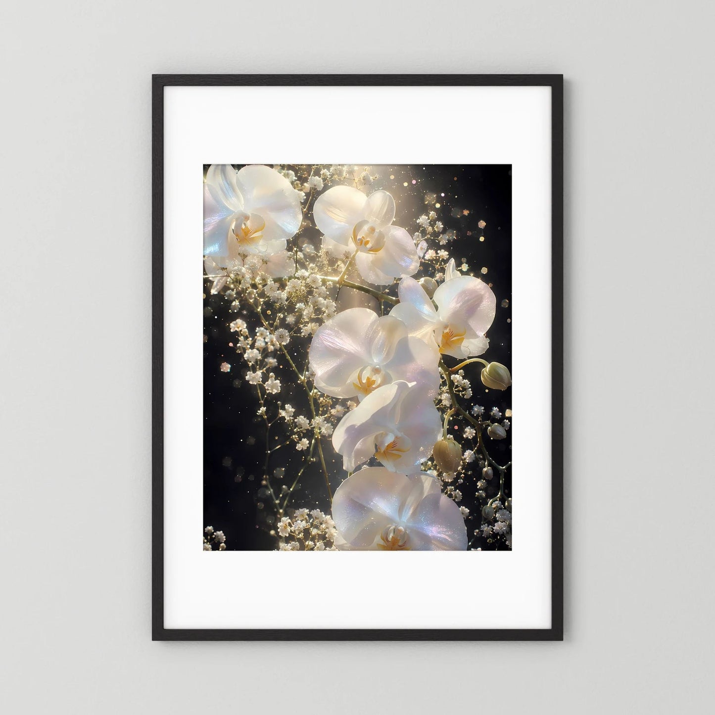 Orchideen-Blumenposter mit weißen Orchideenblüten im schwarzen Rahmen