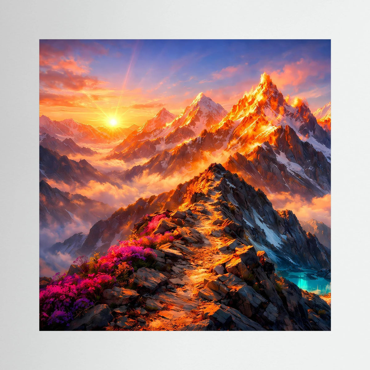 Quadratisches Leinwandbild Sonnenuntergang im Hochgebirge auf Holzkeilrahmen, blau gerahmt