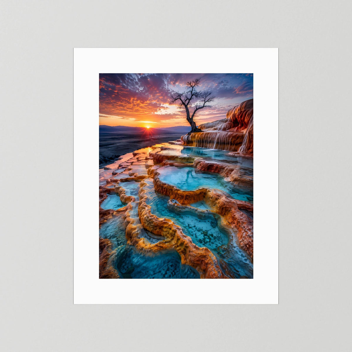 Poster mit türkisem Naturpool auf Felsenterrassen im Sonnenuntergang, weißer Rand